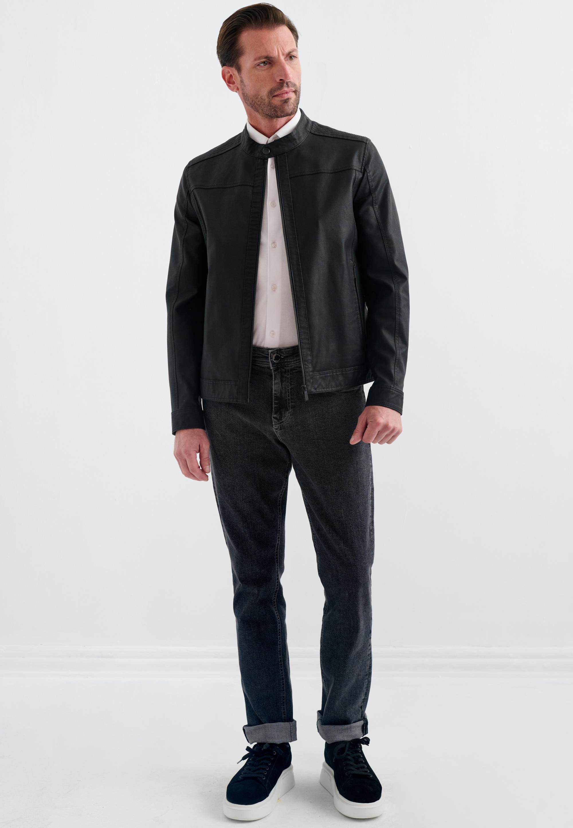 Pierre Cardin Cedric Biker Tarzi Deri Dokuma , Regular Fit, Erkek Suni Deri Mont