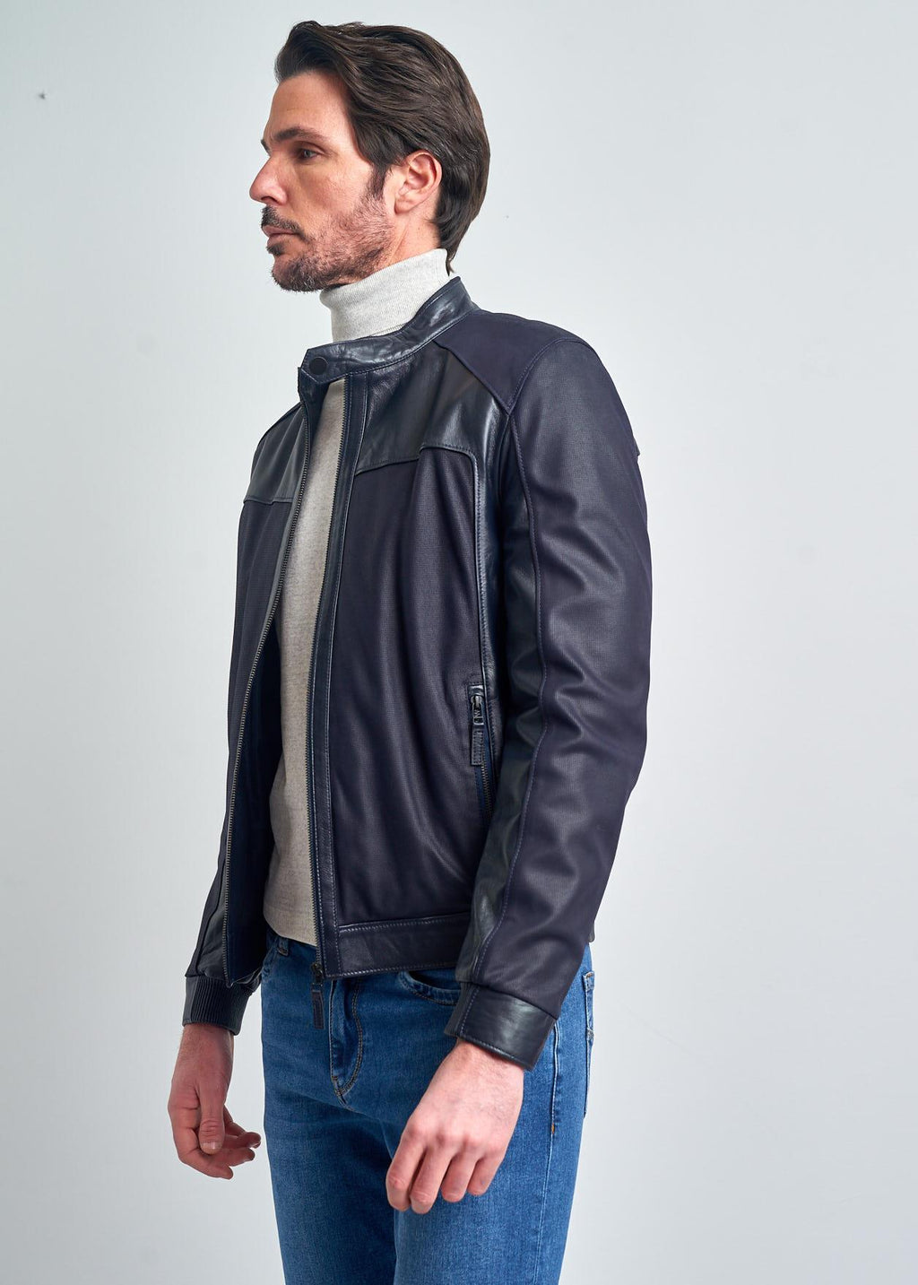 Maxcence Lacivert Hakim Yaka Gerçek Deri Ceket