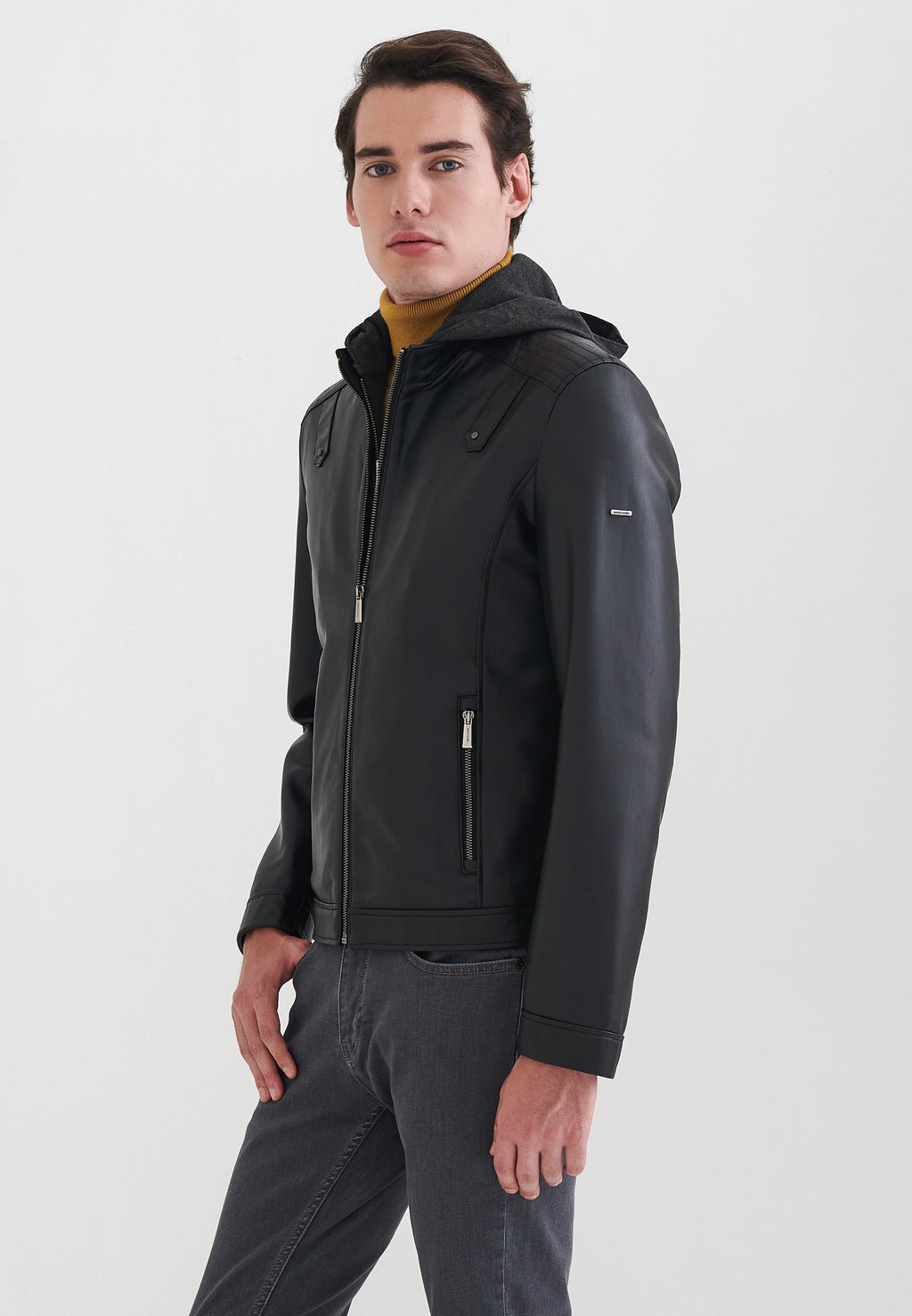 Pierre Cardin Laurent Siyah Kapüşonlu Erkek Suni Deri Mont
