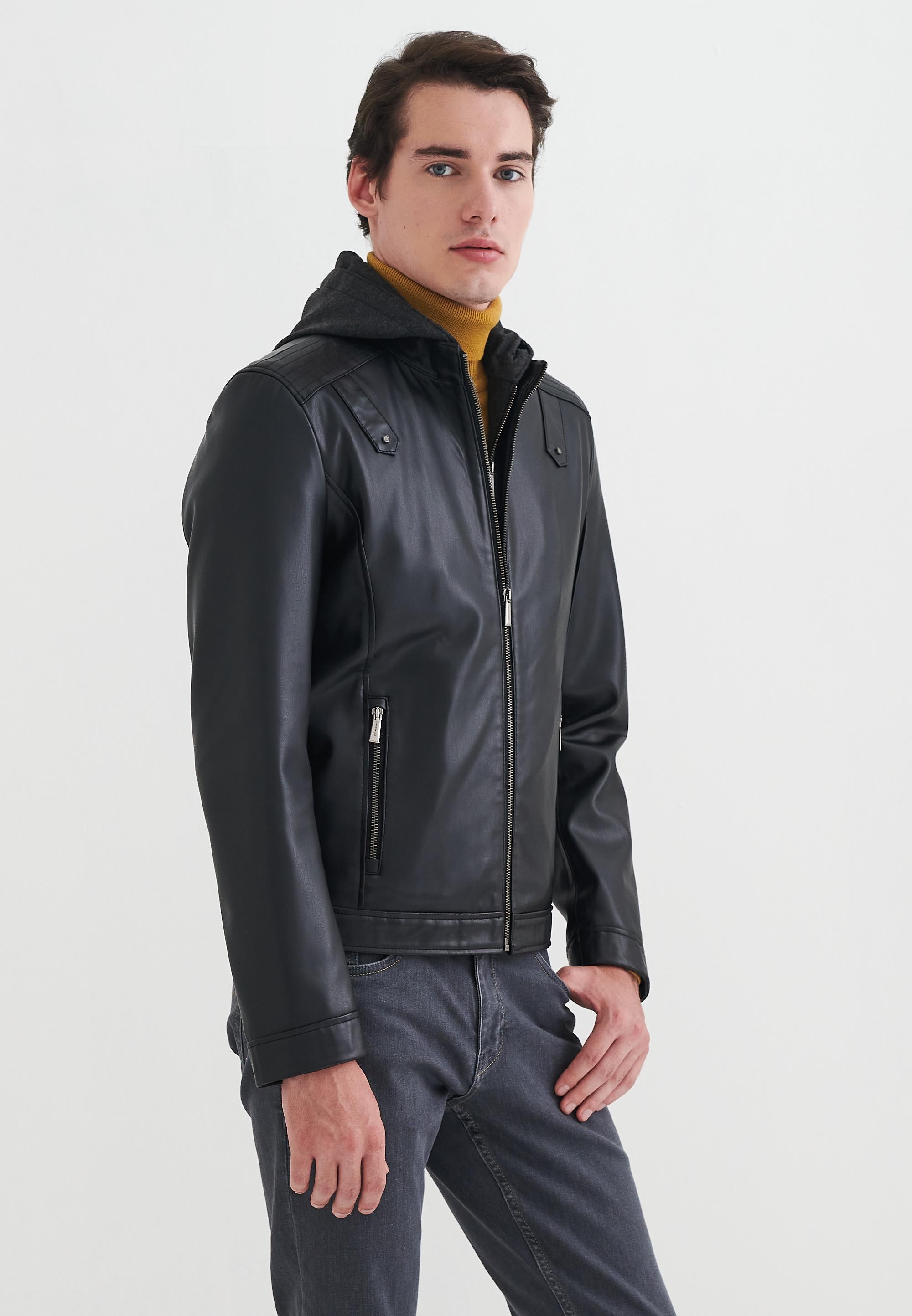 Pierre Cardin Laurent Siyah Kapüşonlu Erkek Suni Deri Mont