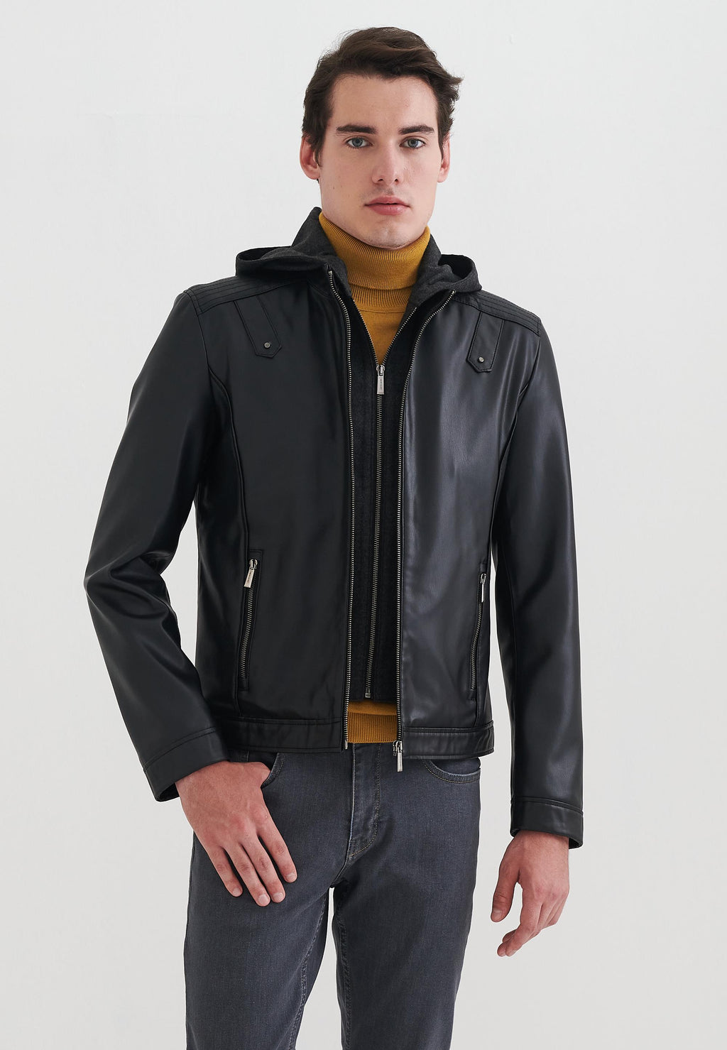Pierre Cardin Laurent Siyah Kapüşonlu Erkek Suni Deri Mont