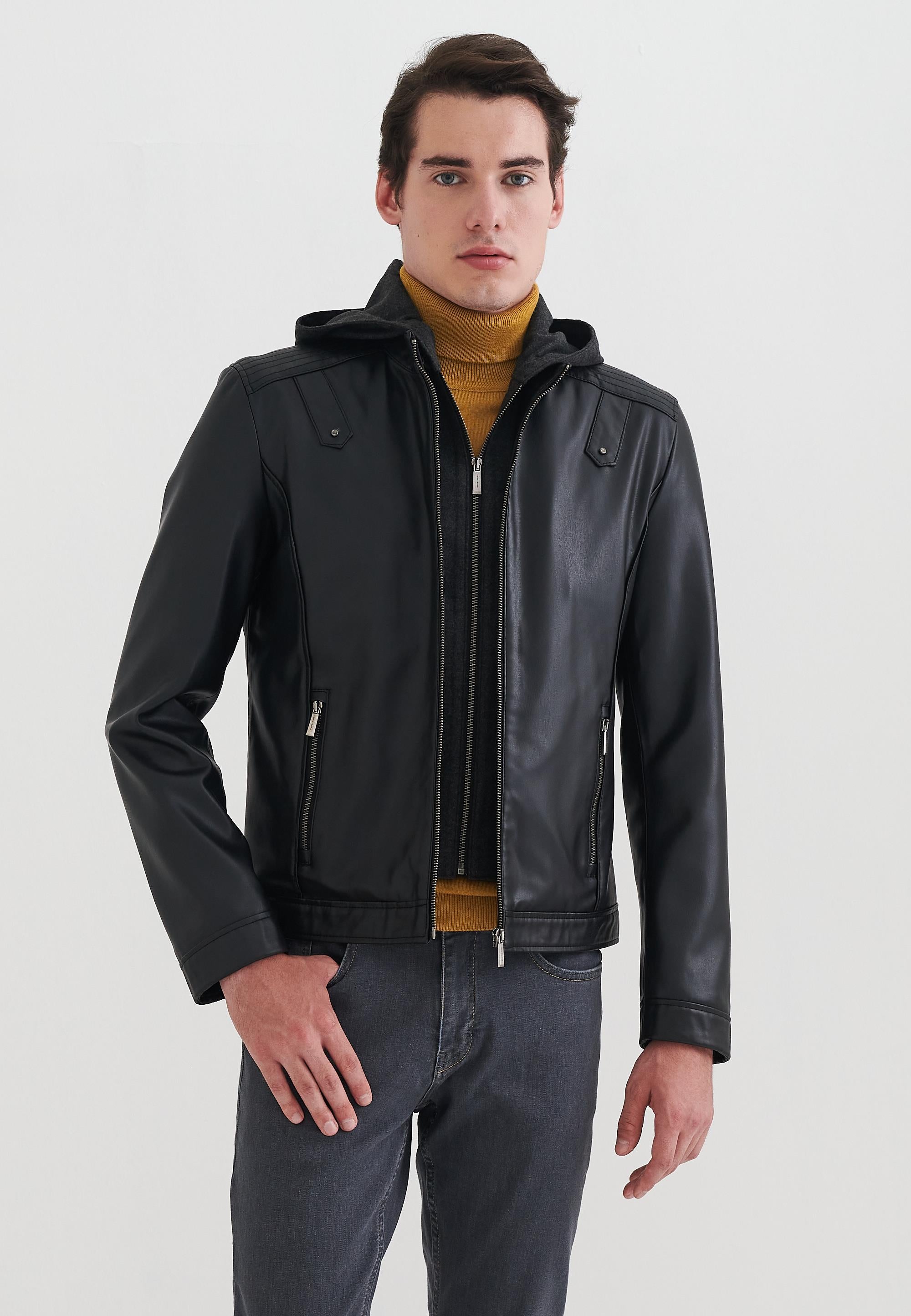 Pierre Cardin Laurent Siyah Kapüşonlu Erkek Suni Deri Mont