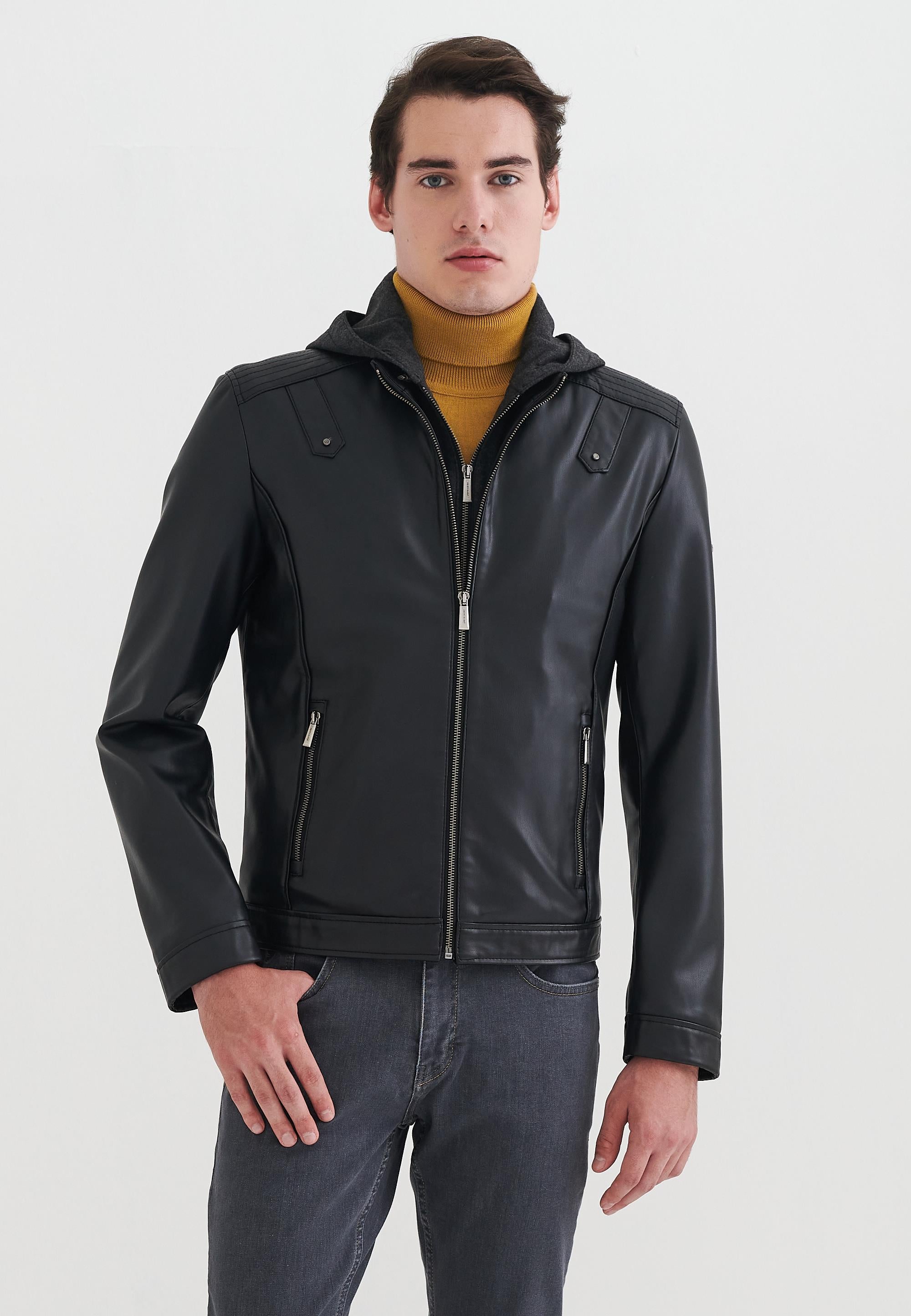 Pierre Cardin Laurent Siyah Kapüşonlu Erkek Suni Deri Mont