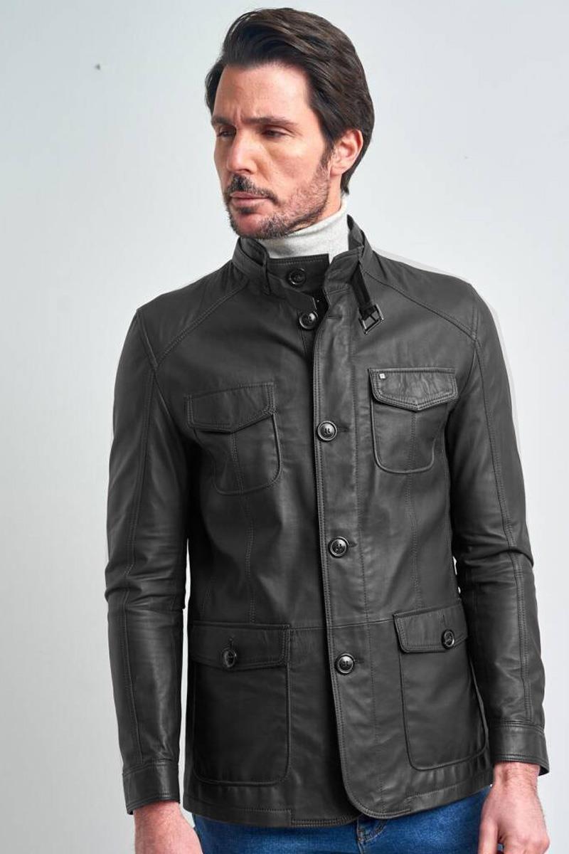 Felix Özgün Tasarim Slim Fit, Garnili, Düğmeli Gerçek Deri Ceket