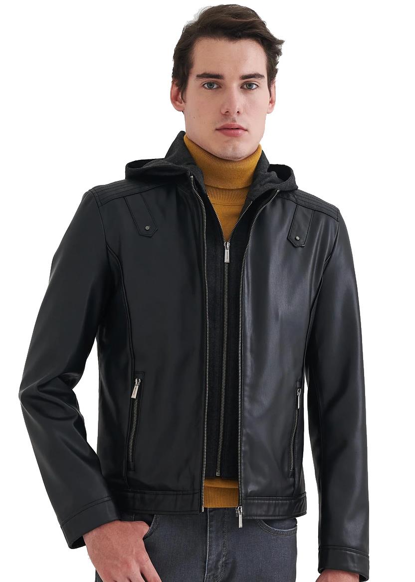 Pierre Cardin Laurent Siyah Kapüşonlu Erkek Suni Deri Mont