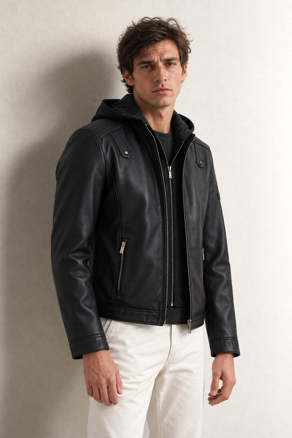 Pierre Cardin Laurent Siyah Kapüşonlu Erkek Suni Deri Mont