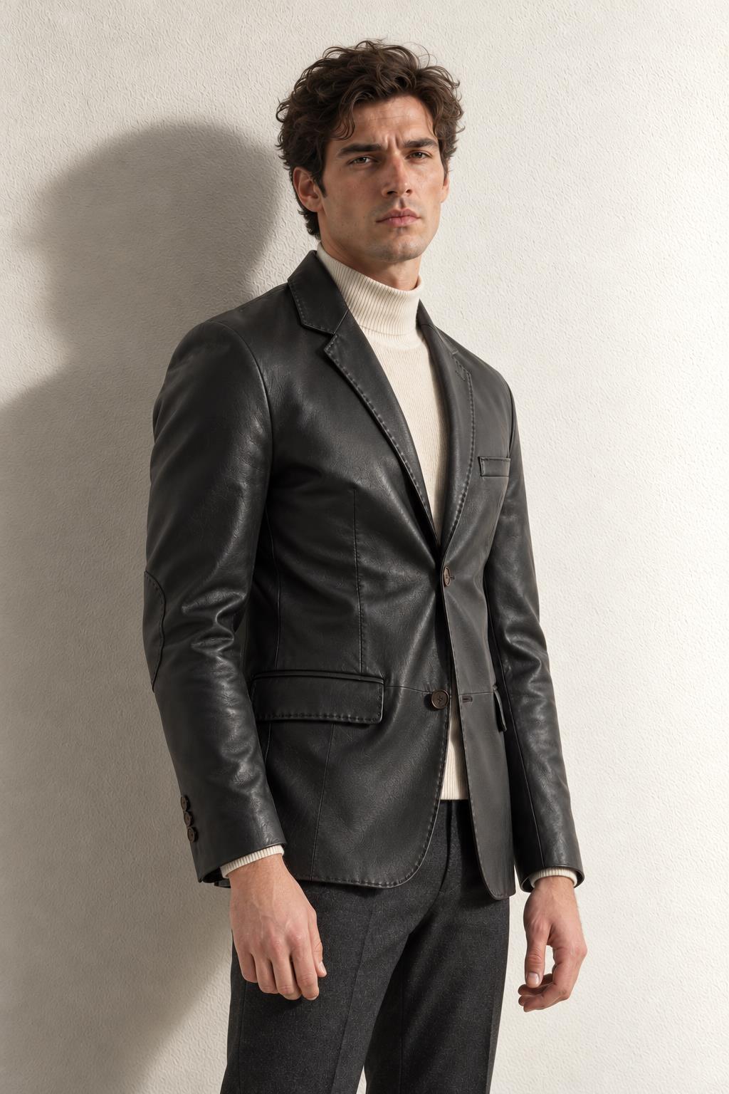 Louis Blazer Erkek Deri Ceket — KAHVE