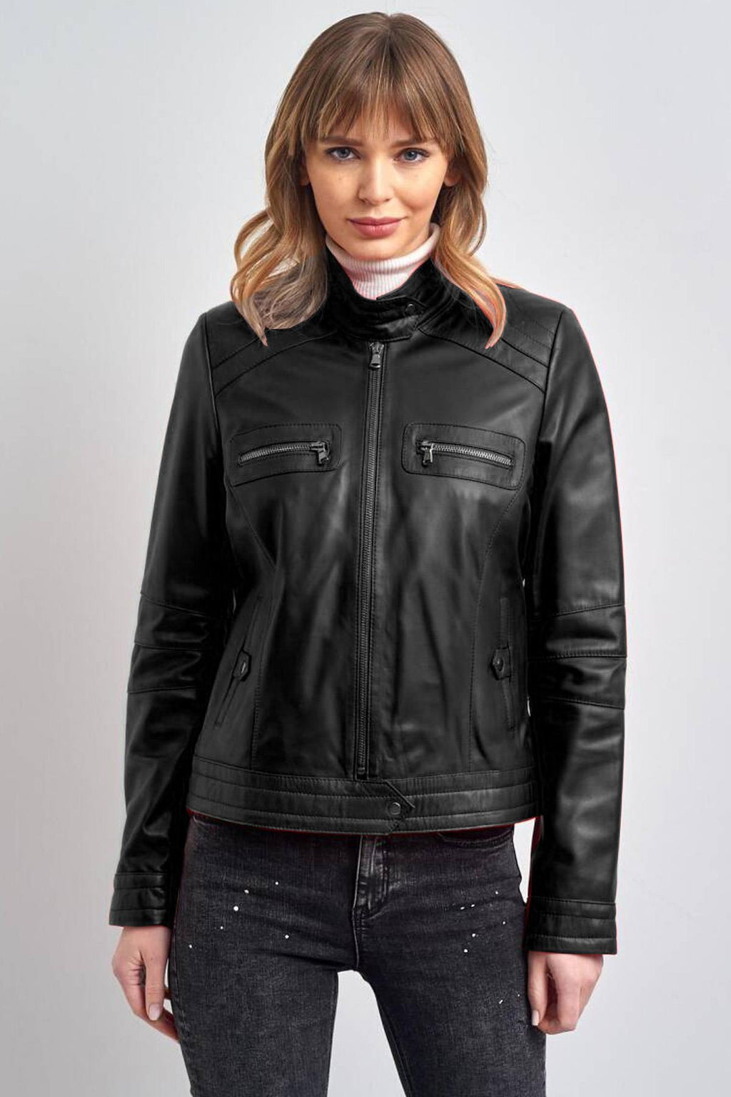 Lucie Kadin Biker Gerçek Deri Mont