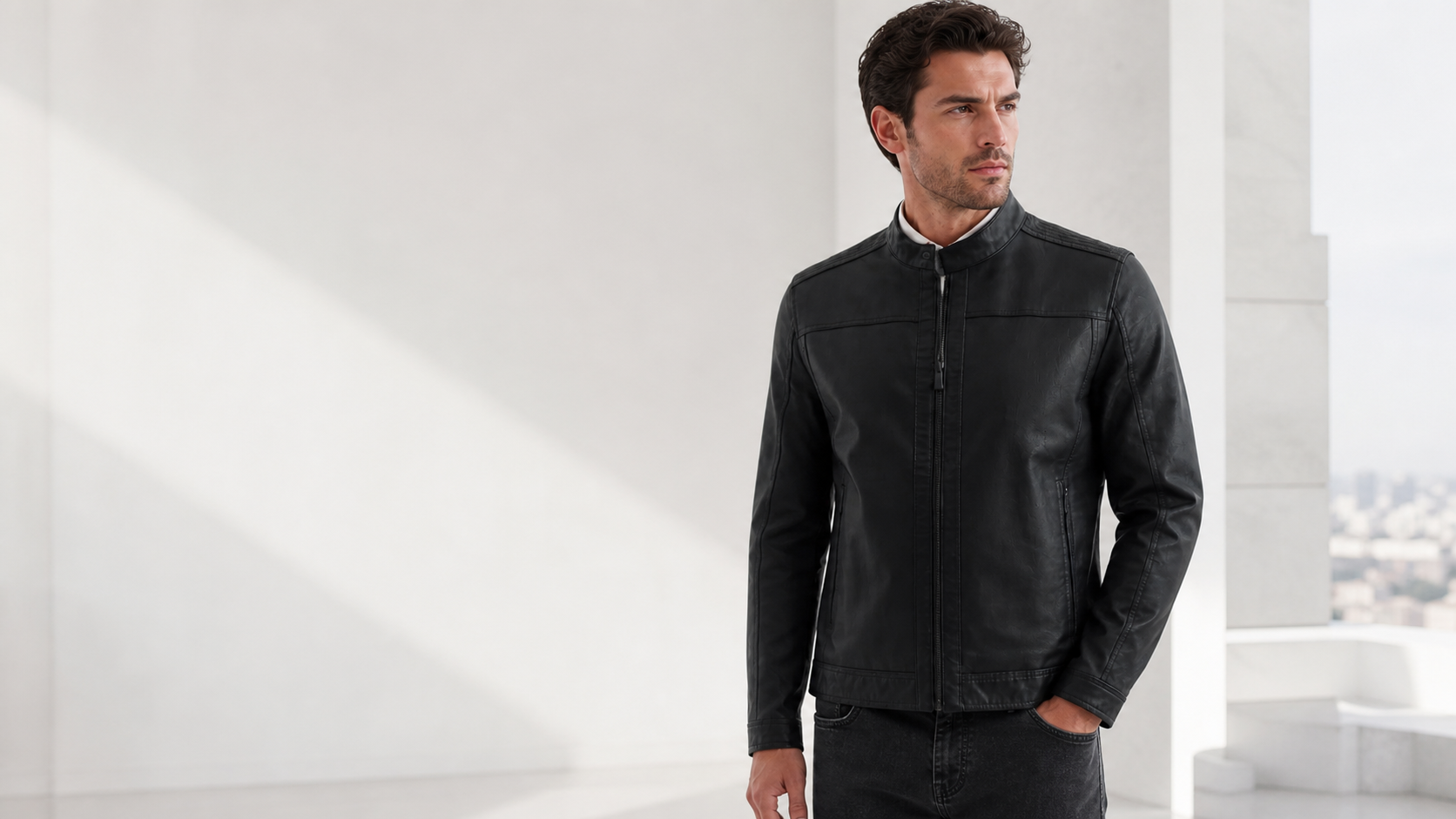Marjinal Leather siyah deri ceket editoryal görseli