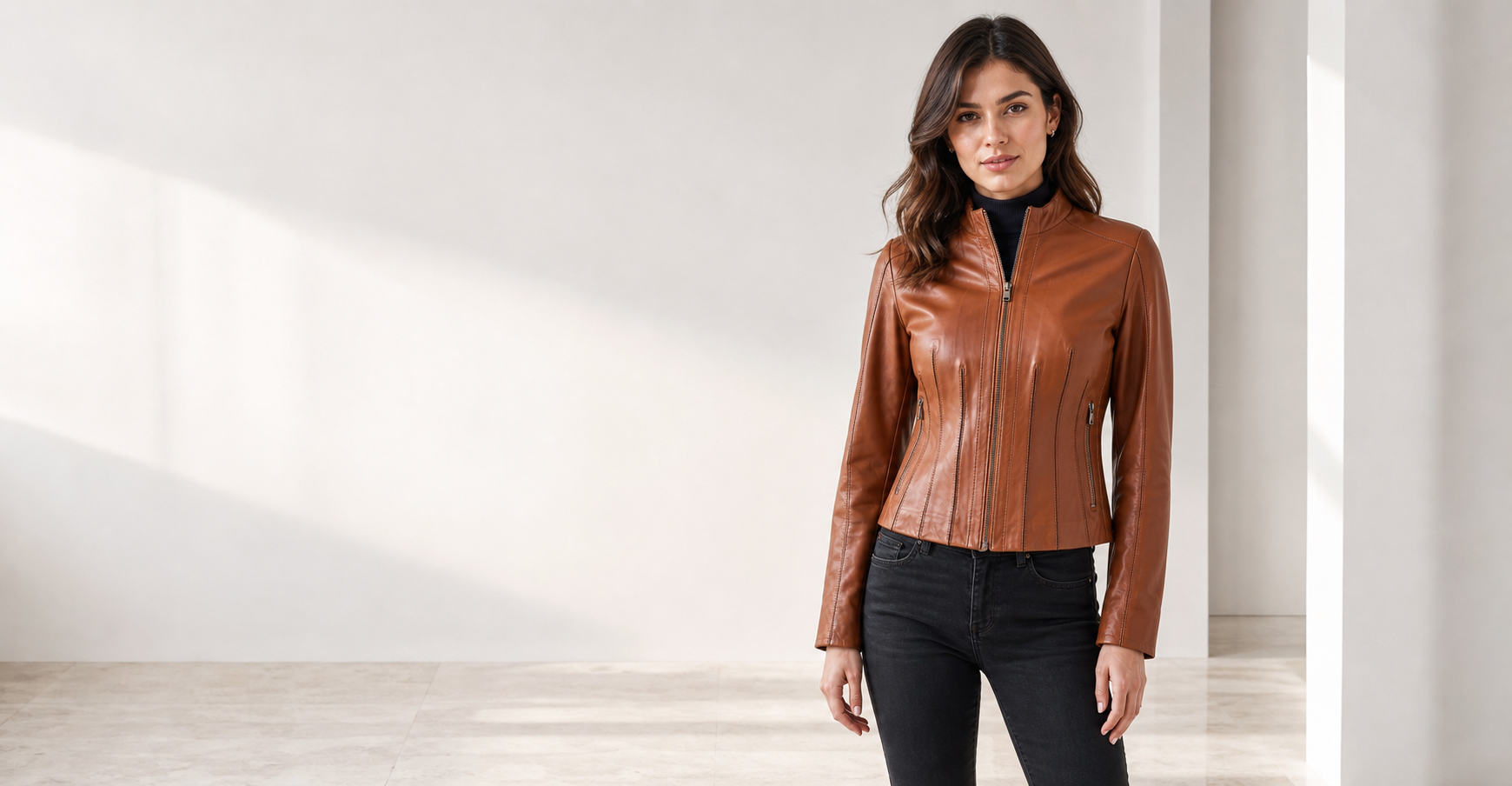 Marjinal Leather taba kadın deri ceket editoryal görseli