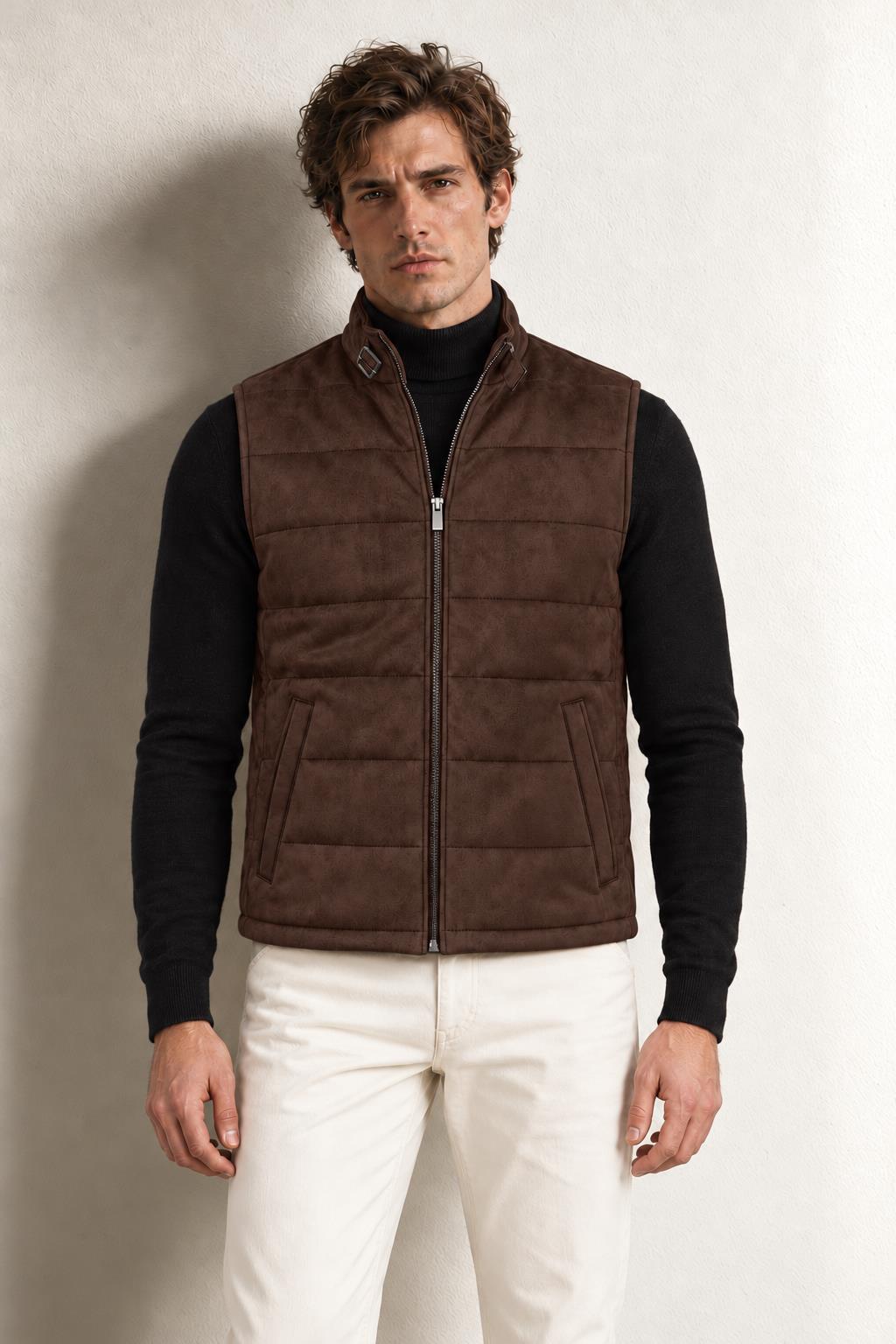 Nicolas Fermuarli Suni Süet Yelek — DARK BROWN