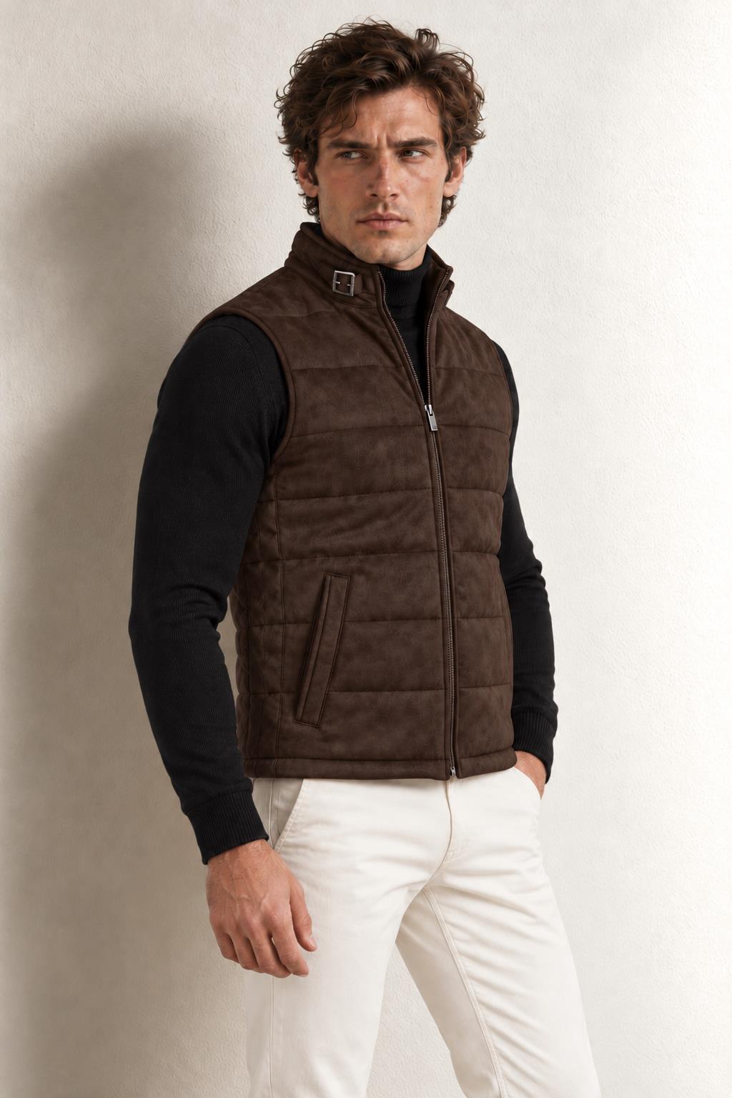 Nicolas Fermuarli Suni Süet Yelek — DARK BROWN