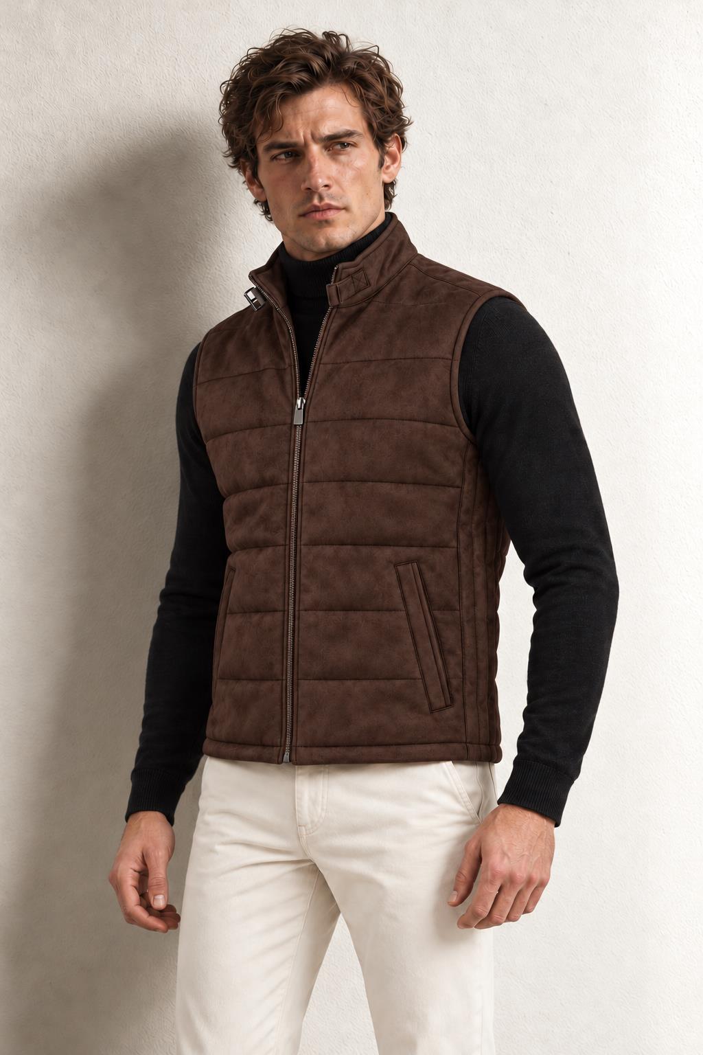 Nicolas Fermuarli Suni Süet Yelek — DARK BROWN