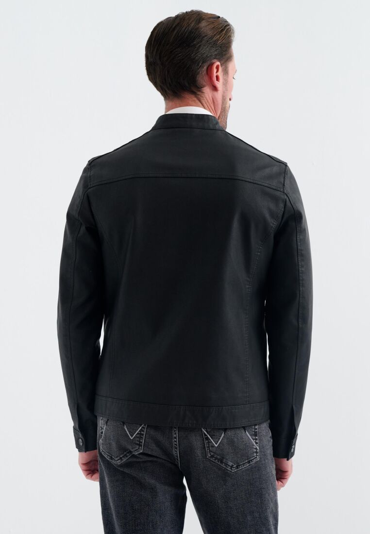 Cedric Biker Tarzı Erkek Suni Deri Mont - Siyah detay görünüm